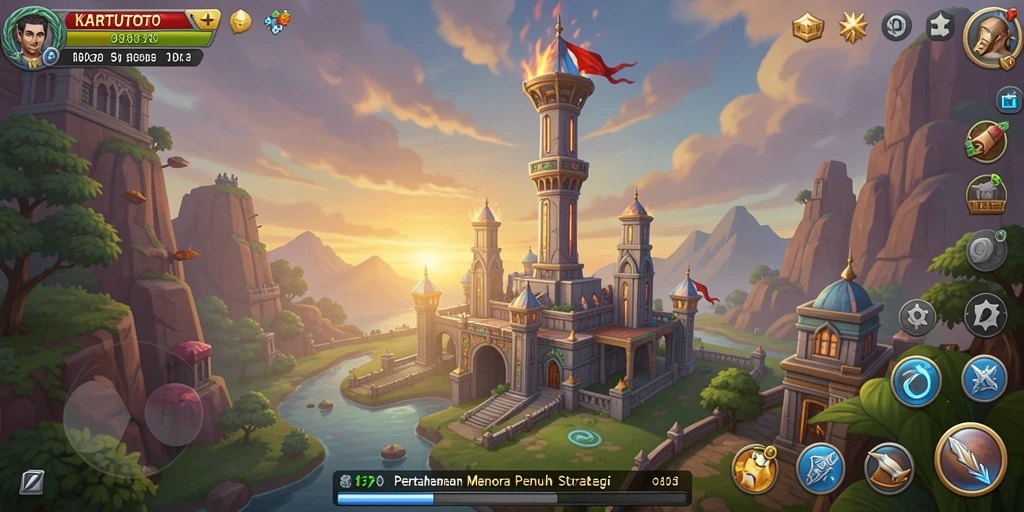 Screenshot permainan KARTUTOTO menampilkan menara pertahanan yang sedang beraksi.